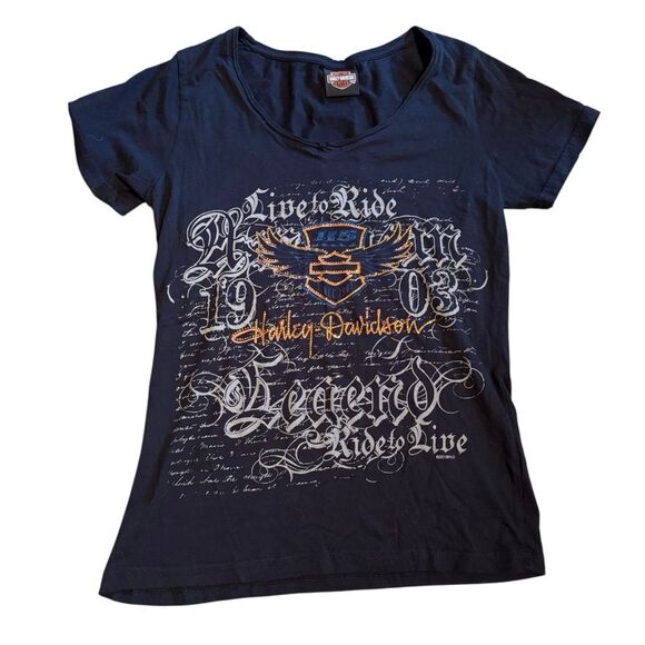 Harley Davidson Size S Live To Ride Rhinestone Bedazzled Tee Black AOP Bling - Picture 2 of 9